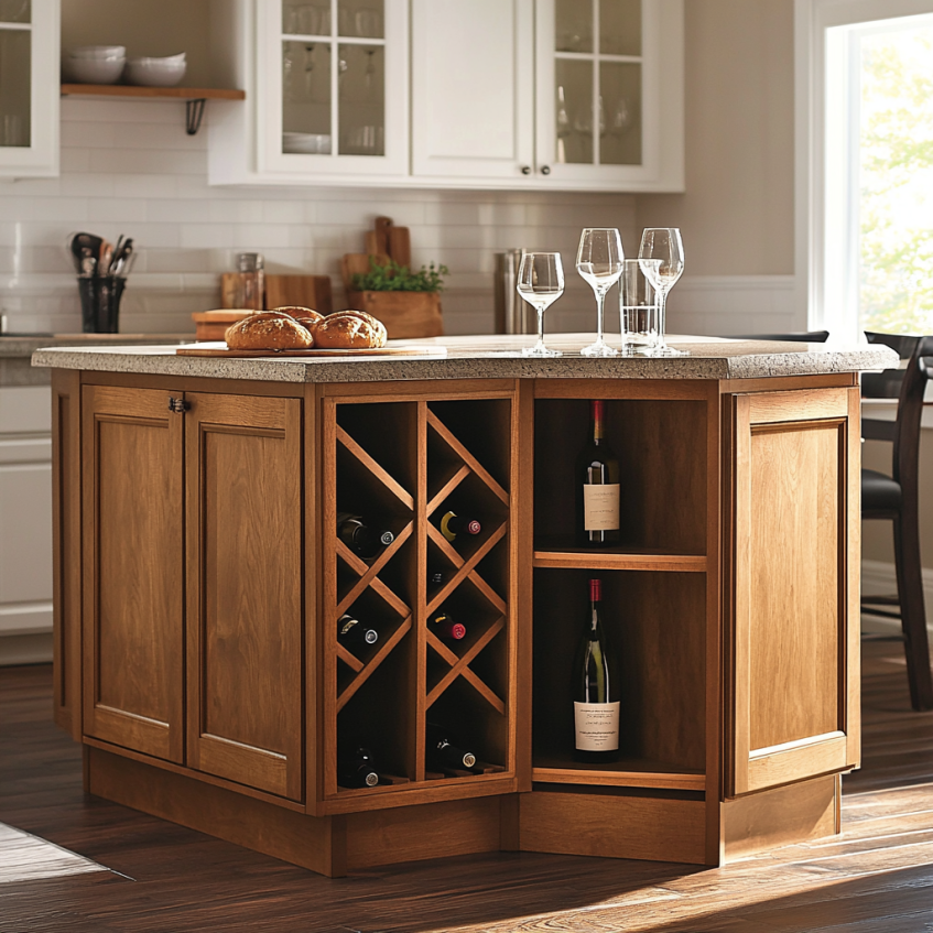 Corner kitchen island with built-in wine rack storage and open shelves for bottles and glasses.