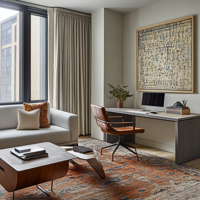 Warm-toned modern home office with leather swivel chair, wall art, and textured area rug