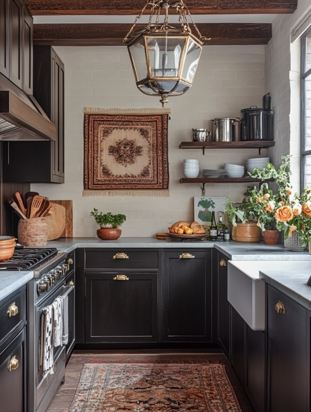 Cozy small kitchen with black cabinetry, brass fixtures, and wooden shelves, offering a modern rustic charm with a warm color palette.