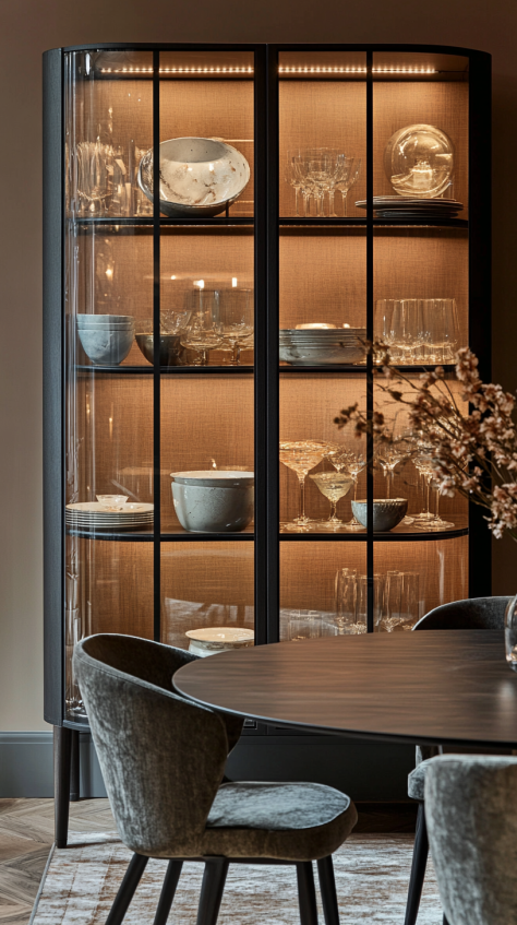 Curved glass dining room cabinet with black frame, internal lighting, and open display of ceramic and crystal ware