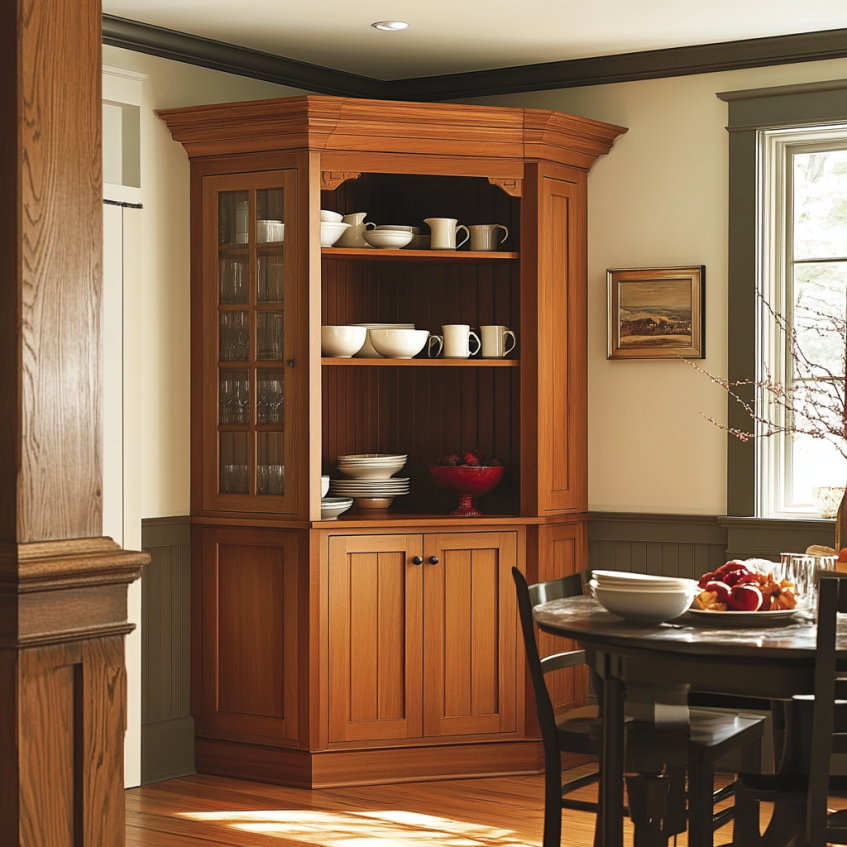 Custom corner cabinet with personalized design, showcasing tailored storage solutions for small spaces