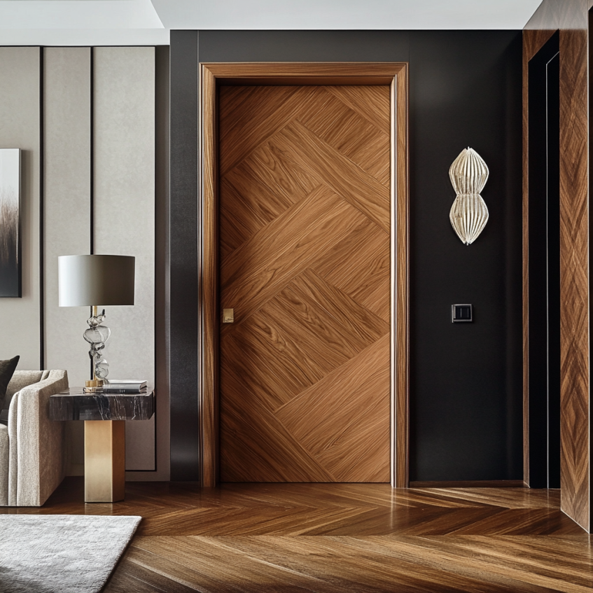 A diagonal pattern wooden door with a stylish modern finish, blending perfectly with the elegant home decor.