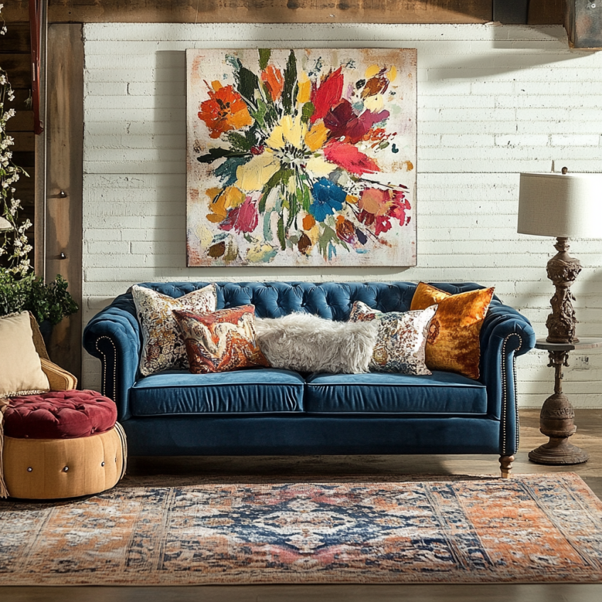 Eclectic living room with a blue velvet tufted sofa, vibrant wall art, and vintage lighting