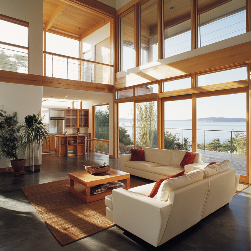 Sustainable living room with large wood-framed windows and coastal view
