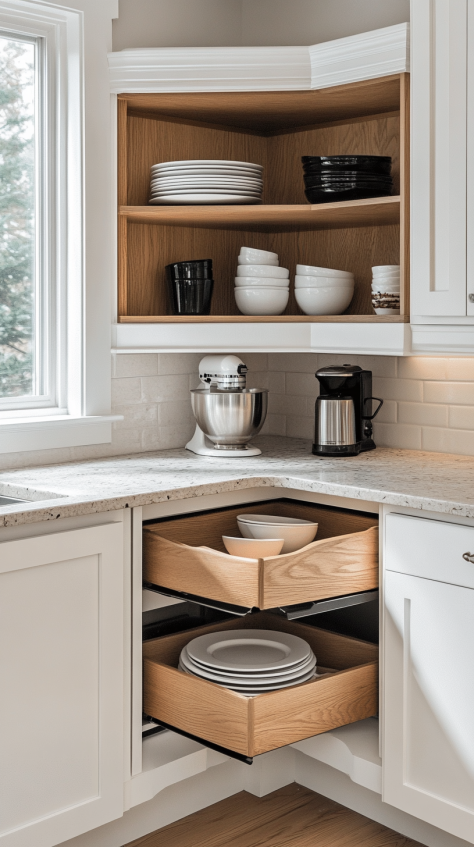 Efficient corner kitchen storage with pull-out drawers and open shelving, designed to maximize space in a small kitchen.