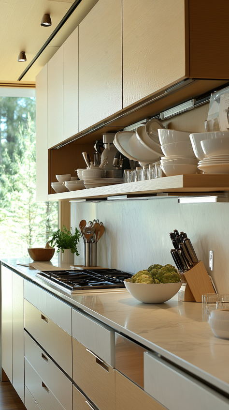 Modern small kitchen with light wood cabinetry and open shelving, displaying clean lines and organized storage, perfect for efficient small kitchen design.