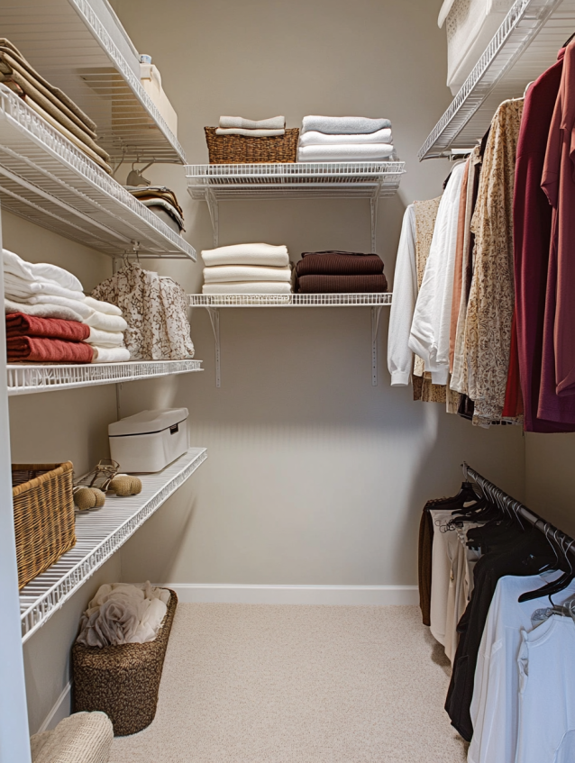 Small walk-in closet featuring wire shelving, neatly folded towels, and hanging clothes with baskets for additional storage.