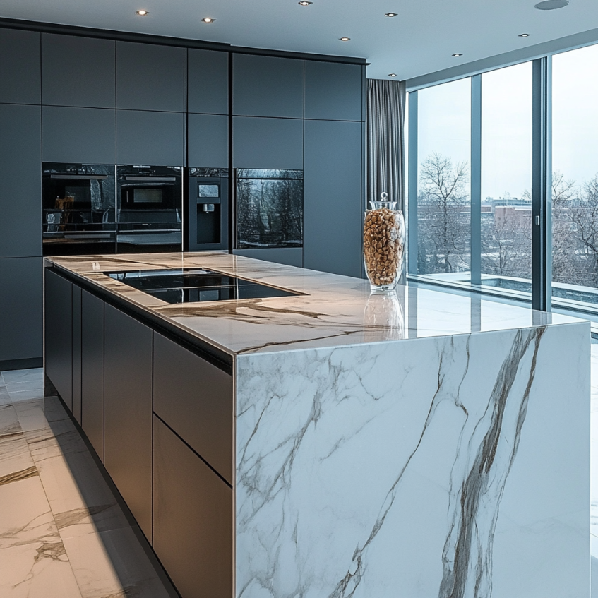 Luxury black kitchen with a marble island, integrated appliances, and modern design elements for a sleek finish.