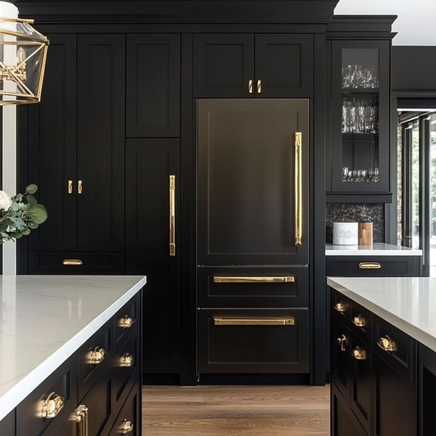 Luxurious kitchen featuring black Shaker cabinets, gold handles, and white marble countertops.