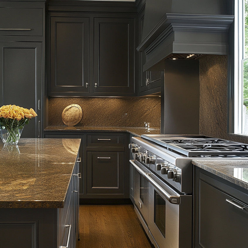 Charcoal grey kitchen with brown granite countertops and warm under-cabinet lighting
