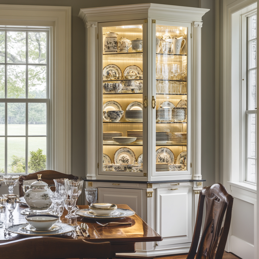 Tall corner china cabinet with interior lighting and glass shelves displaying vintage dishware