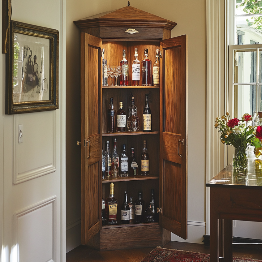 Tall corner liquor cabinet with doors open displaying multiple bottles and glasses under warm lighting