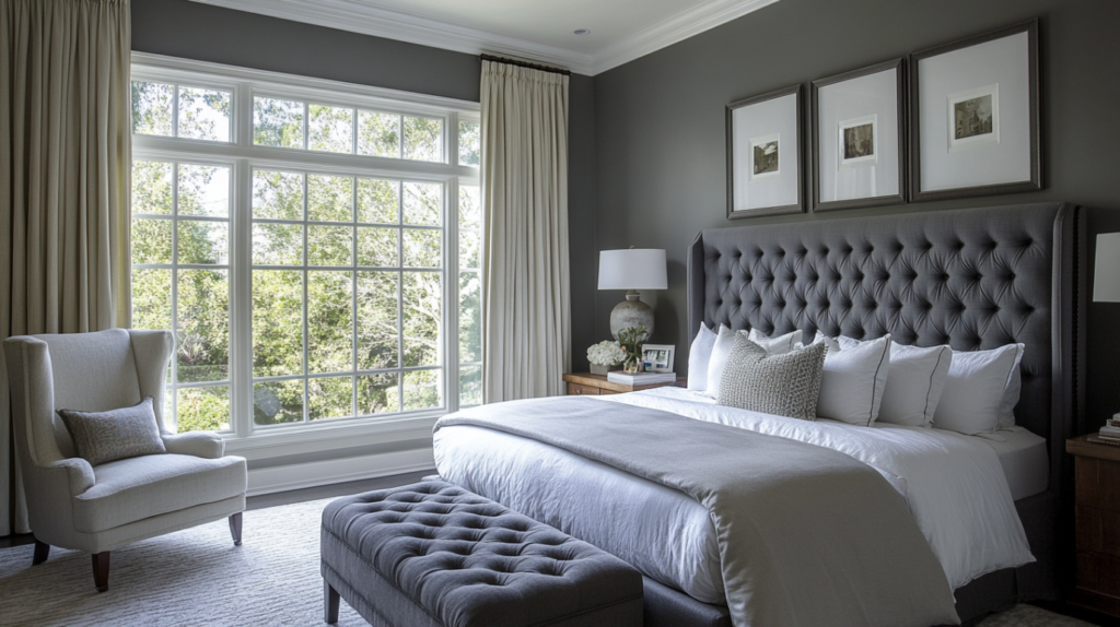 Elegant gray bedroom with tufted headboard, large windows, and layered bedding