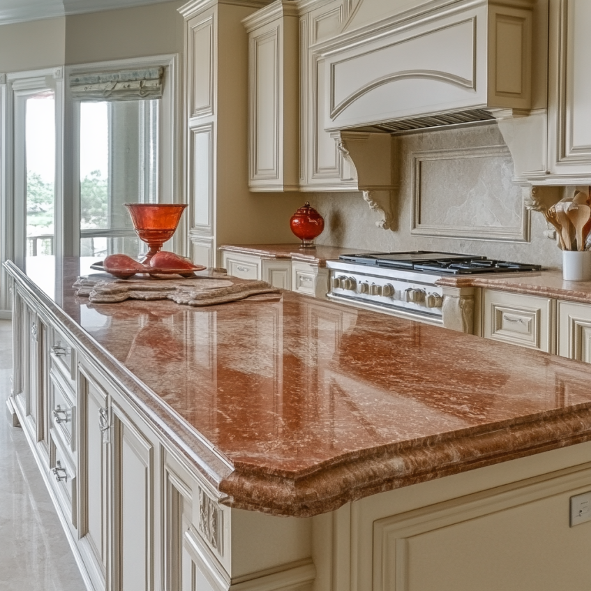 Beige kitchen with coral stone countertops and detailed millwork