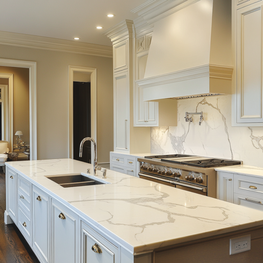 High-end kitchen with custom cabinets, a marble island, and a stainless steel range, offering a contemporary yet timeless design.