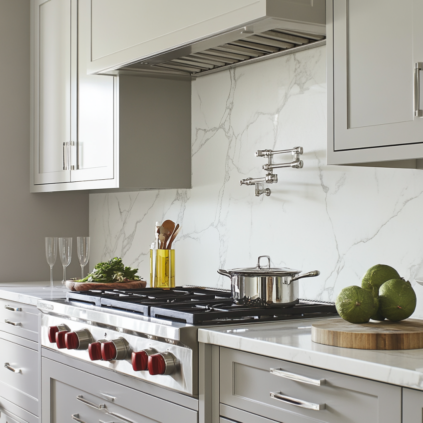 Modern kitchen with light gray Shaker cabinets, marble countertops, and stainless steel appliances.