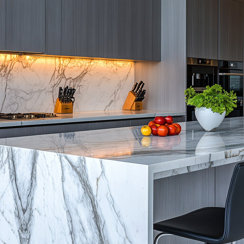 Luxury kitchen with a marble island, integrated lighting, and dark wood cabinetry.