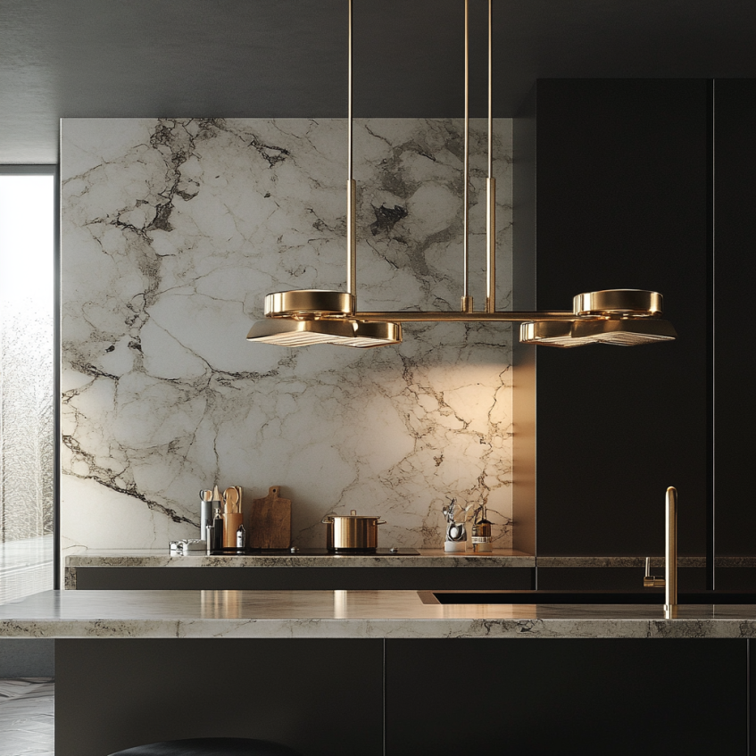 luxurious modern kitchen with marble backsplash, black cabinets, and gold pendant lighting