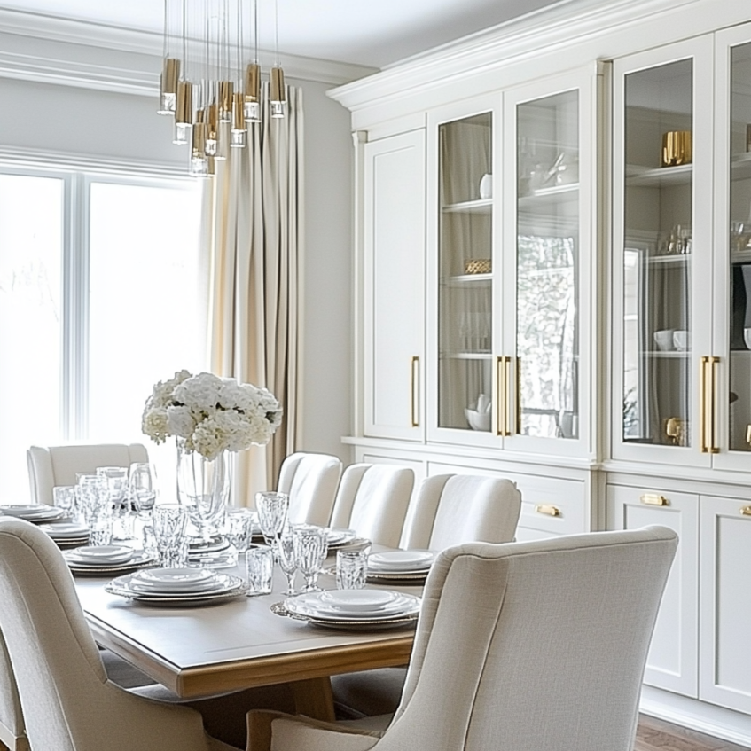 White dining room cabinet with glass doors, gold handles, and matching dining chairs in a bright modern space