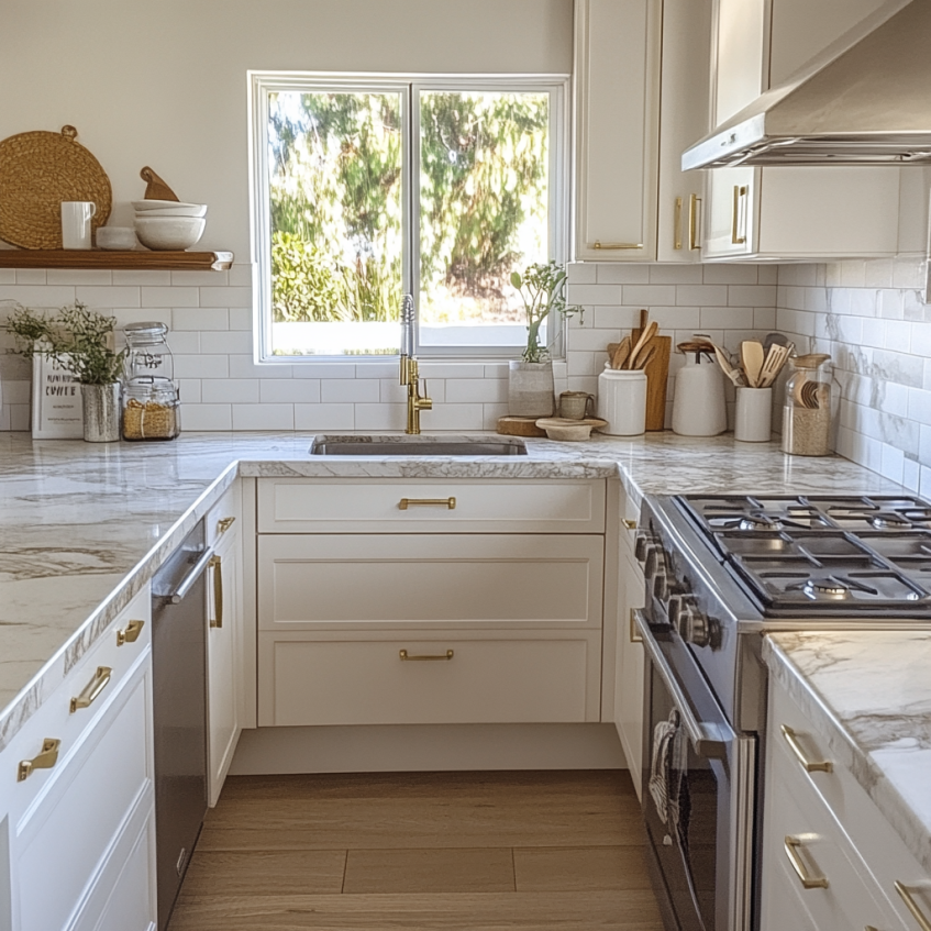 White RTA kitchen with gold hardware, marble countertops, and a window view.