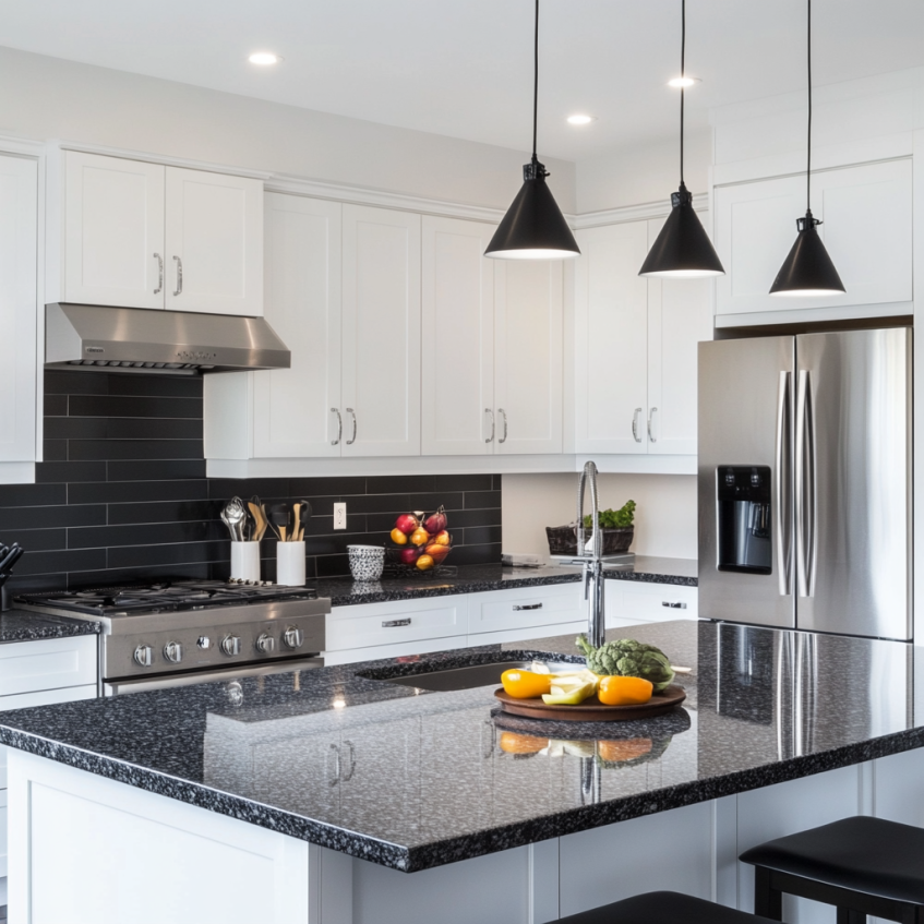 White Shaker kitchen cabinets with black granite countertops, modern pendant lighting, and stainless steel appliances.