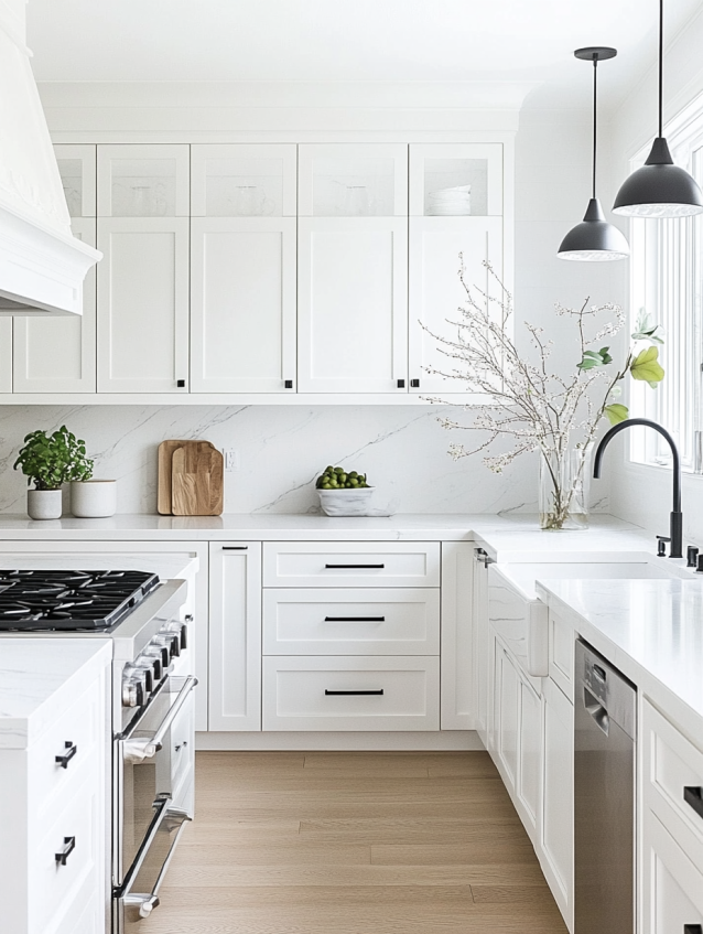 Modern white shaker kitchen cabinets with marble countertops, black hardware, and pendant lights over a sleek stovetop.