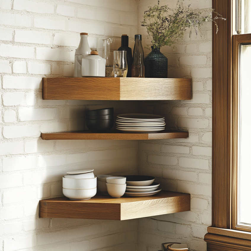 Floating wall-mounted corner cabinet with wood shelving, offering both practical and aesthetic appeal for modern interiors