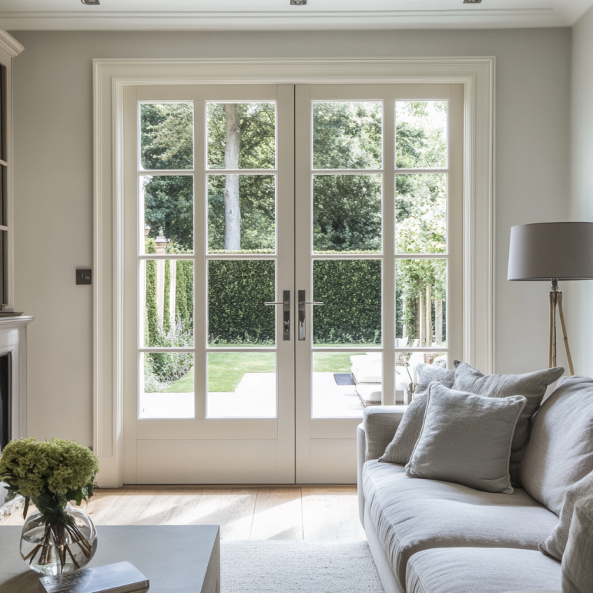 Classic white French doors with grills, opening to a spacious patio, allowing natural light into the room.