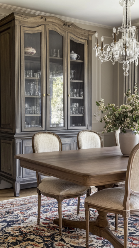 French-style vintage dining room cabinet with carved wood frame, glass display doors, and elegant antique finish