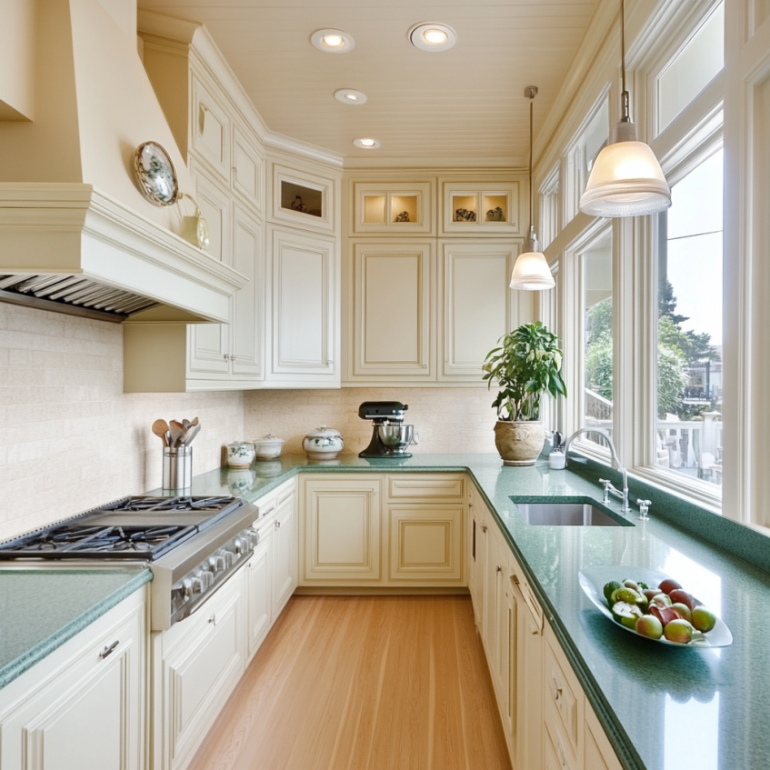 Beige kitchen with green quartz countertops and large windows