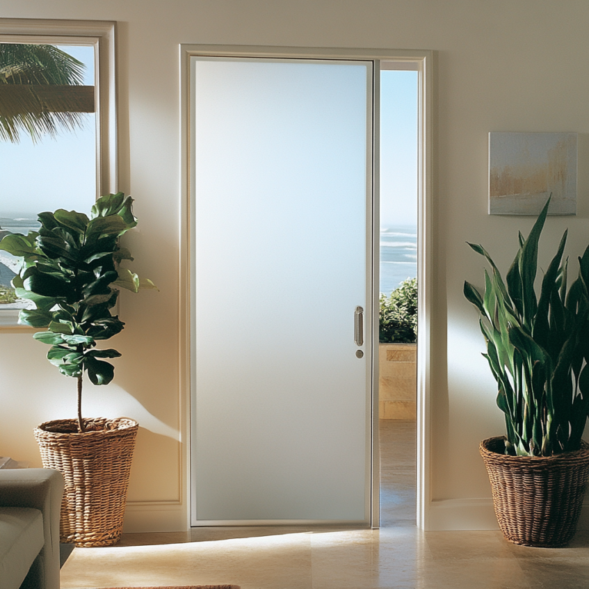 Elegant frosted glass door providing privacy while allowing natural light to flow through, perfect for modern interiors.