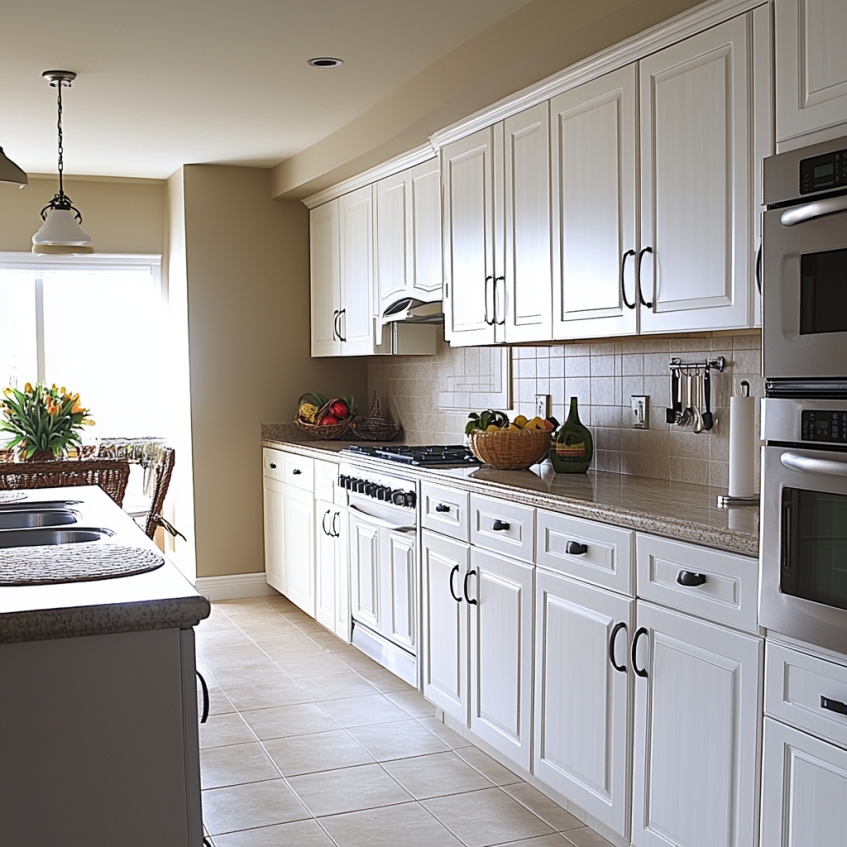 Long wall of white refaced kitchen cabinets with tile flooring and built-in appliances