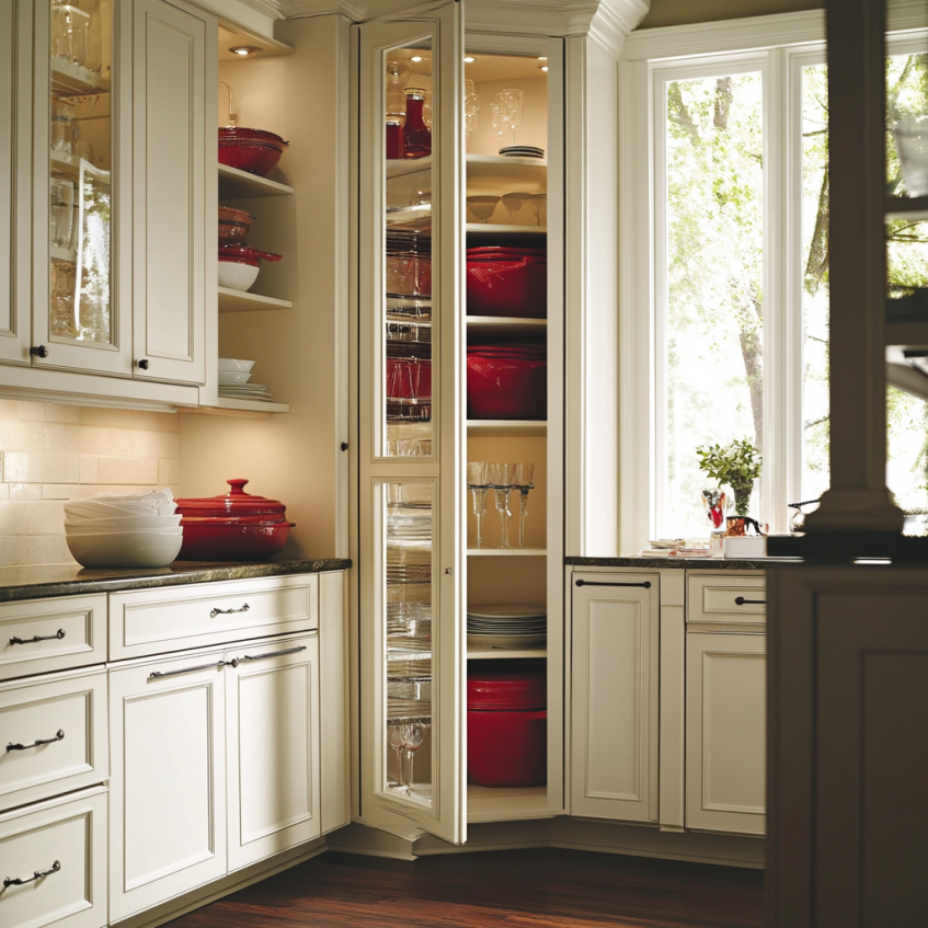 Tall corner pantry cabinet with glass doors storing red cookware and glassware in kitchen-dining space