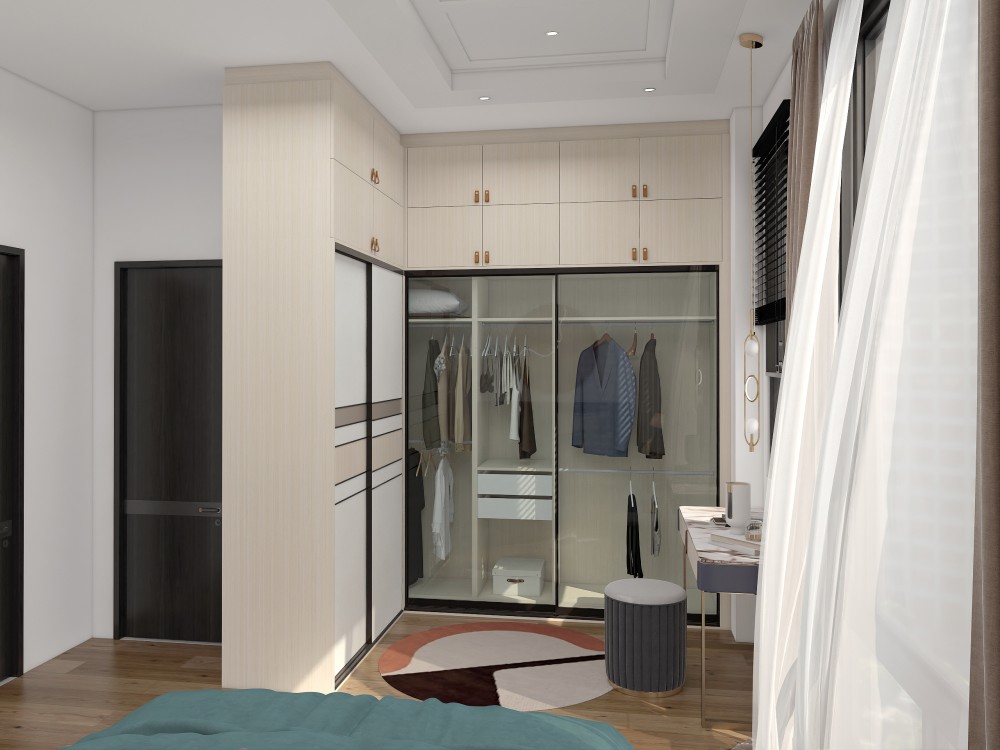 Glass sliding doors with wooden accents in a modern bedroom, offering a stylish and spacious storage solution.
