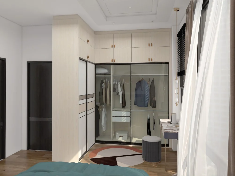 Glass sliding doors with wooden accents in a modern bedroom, offering a stylish and spacious storage solution.
