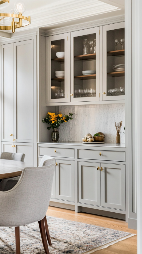Gray dining room cabinet with glass-front upper shelves, gold knobs, marble backsplash, and lower storage drawers