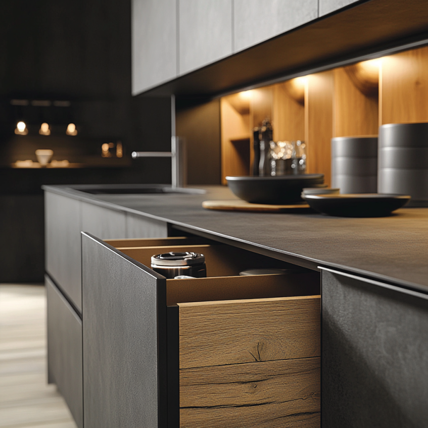 Handleless modern kitchen featuring dark wood cabinetry, built-in lighting, and a sleek minimalist design.