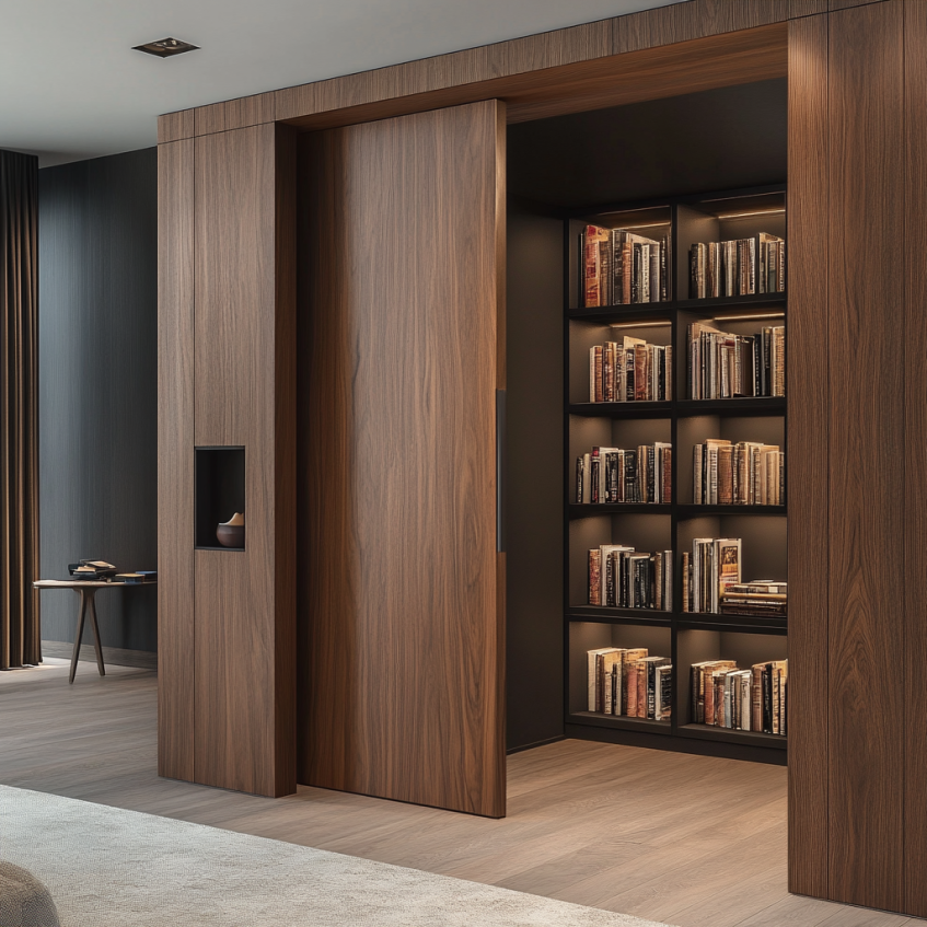 Hidden door opening to a bookshelf, providing a discreet and functional design solution for modern interiors.