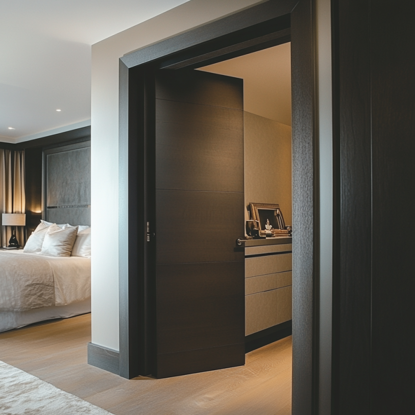 A modern hidden door providing stylish and discreet access to private spaces, blending seamlessly with the interior design.