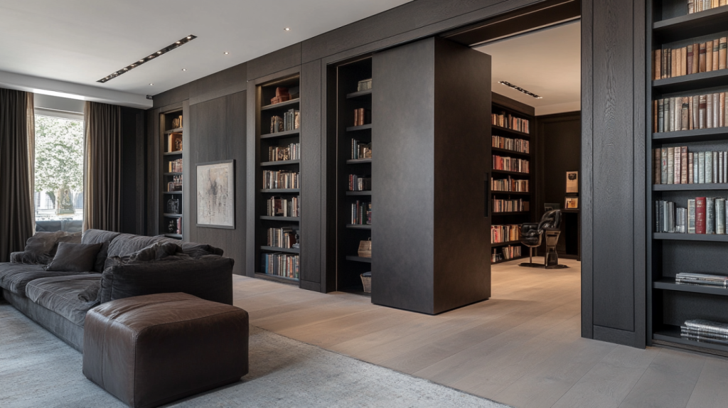 Seamlessly integrated hidden door with a sleek finish, providing discreet access to private areas in the home.