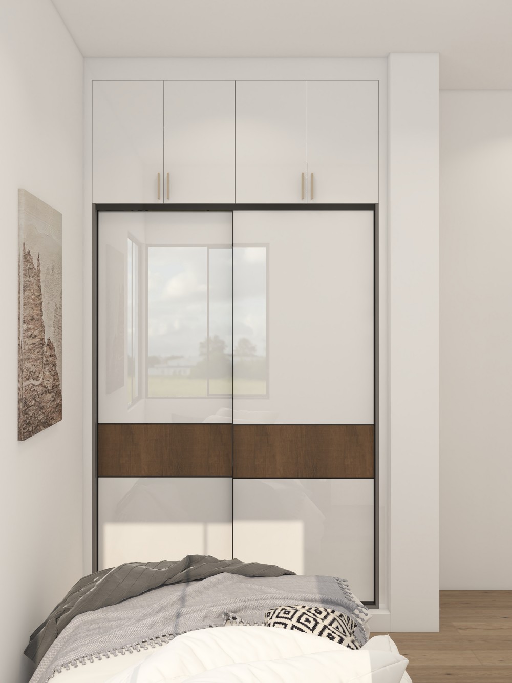 High-gloss sliding wardrobe with white panels and wood accents, offering a sleek storage solution in a modern bedroom.