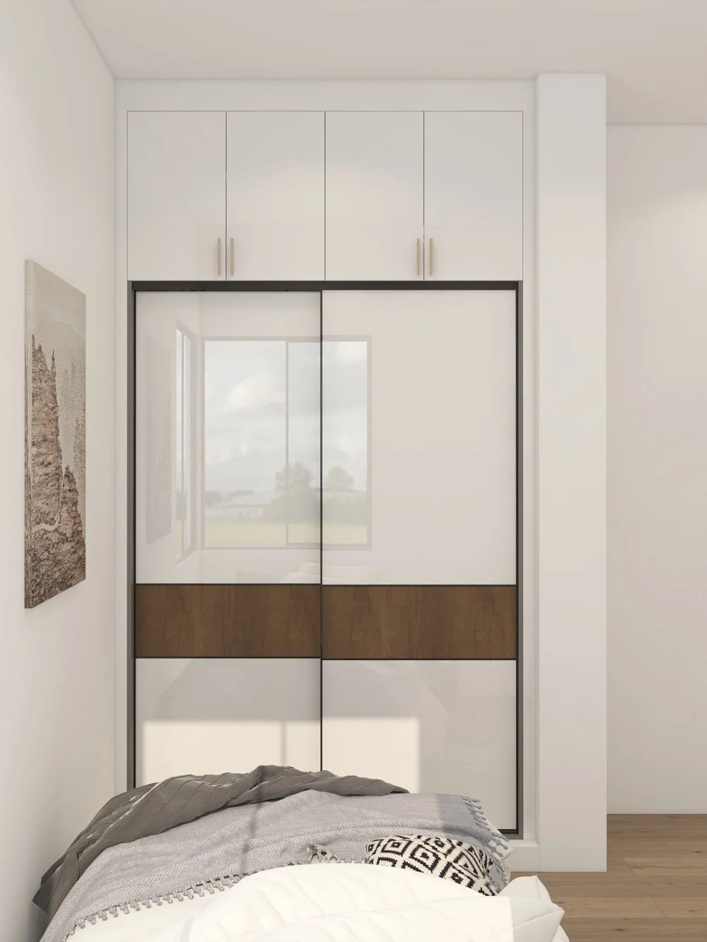 High-gloss sliding wardrobe with white panels and wood accents, offering a sleek storage solution in a modern bedroom.