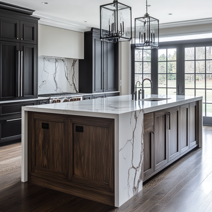 Luxury black kitchen with white marble waterfall island, dark cabinetry, and glass pendant lights.