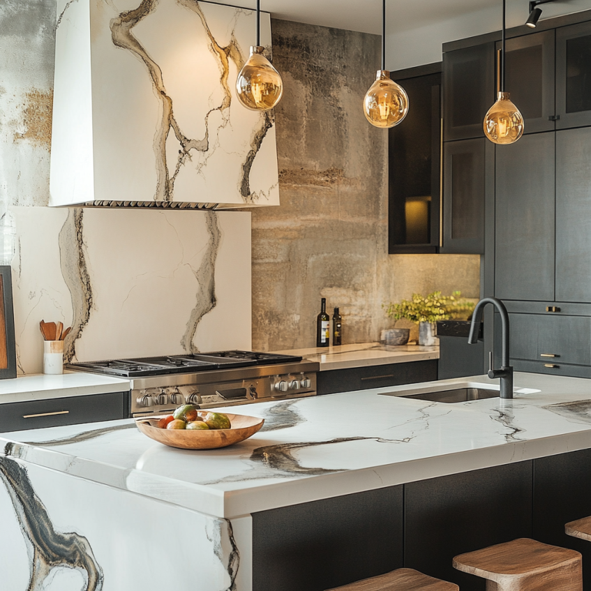 Elegant kitchen with a white marble countertop, black cabinetry, and brass fixtures, with pendant lighting illuminating the space.