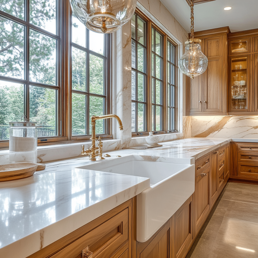 Elegant kitchen featuring a marble countertop, wooden cabinetry, and brass faucet, illuminated by pendant lighting.