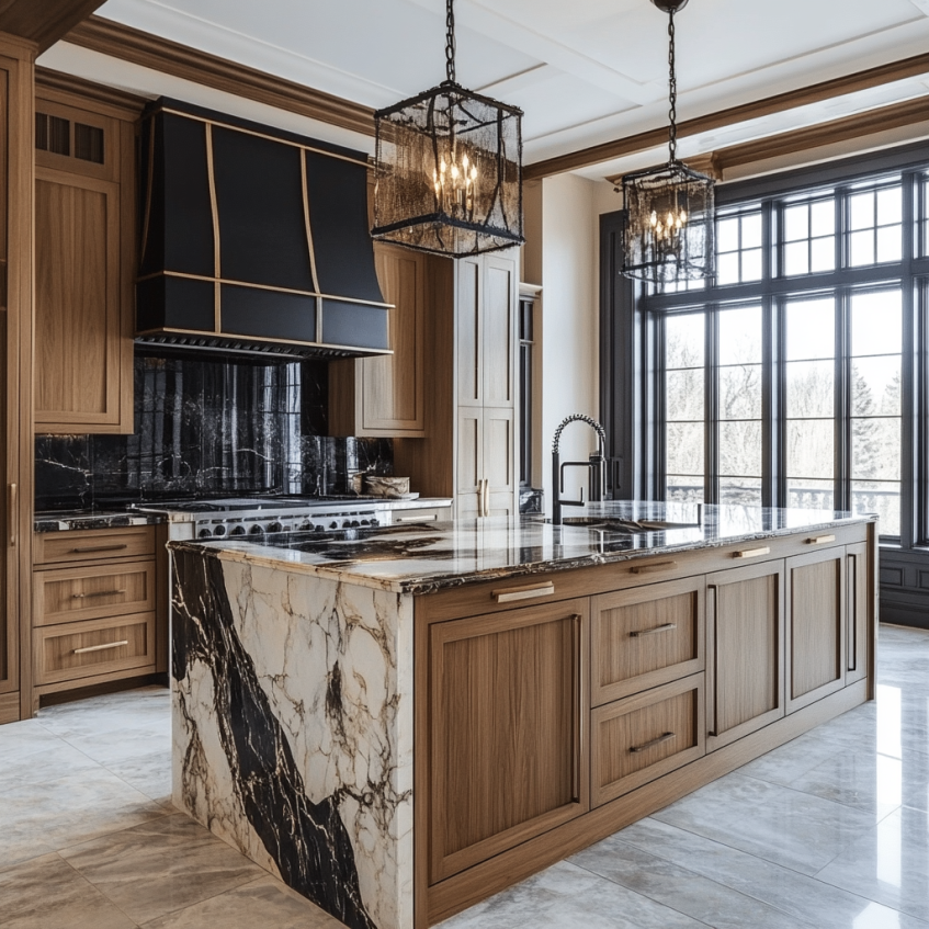 Luxury kitchen featuring a marble island, dark wood cabinets, and sleek lighting, perfect for a modern and elegant design.