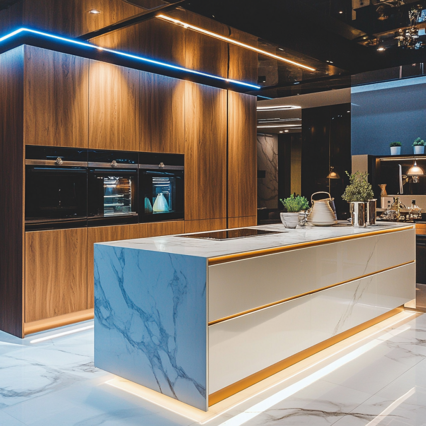 Luxury kitchen featuring a marble island with backlit cabinetry, built-in ovens, and modern LED lighting.