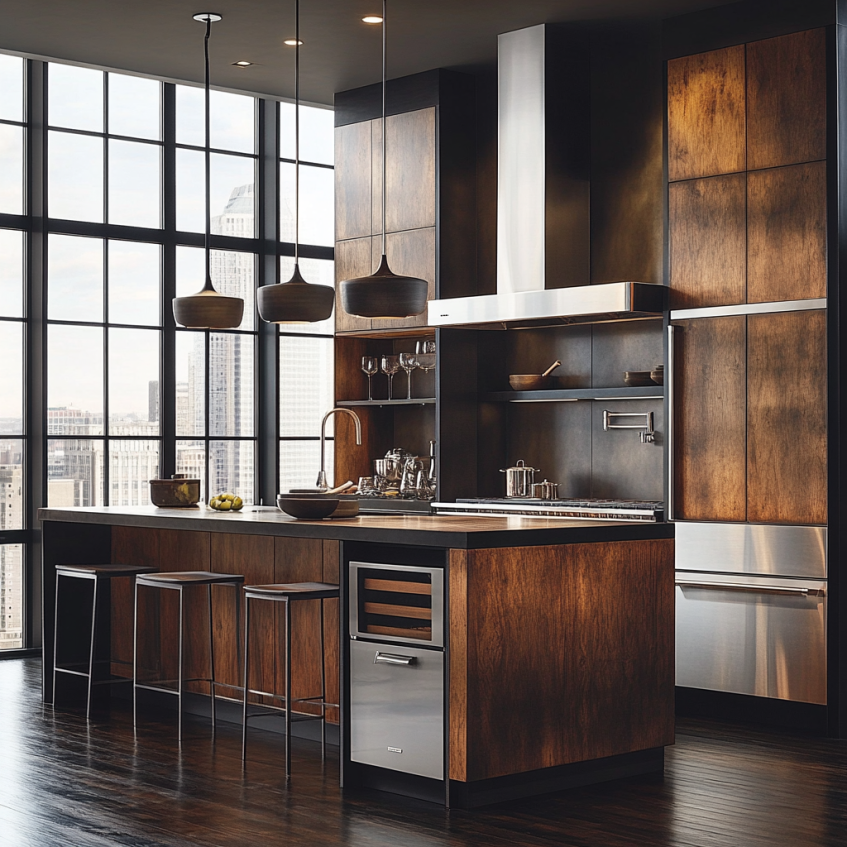 Modern kitchen with a marble island, wooden cabinetry, and pendant lighting for a sophisticated look.