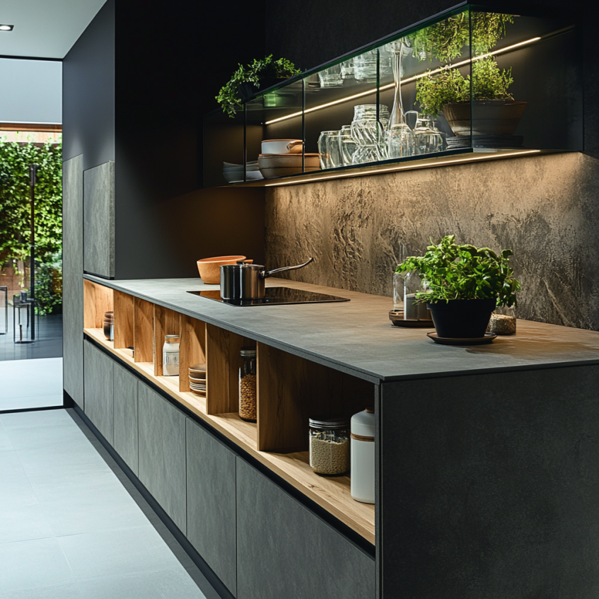 Luxury kitchen with open shelving, modern cabinetry, and integrated lighting for a sleek, functional design.