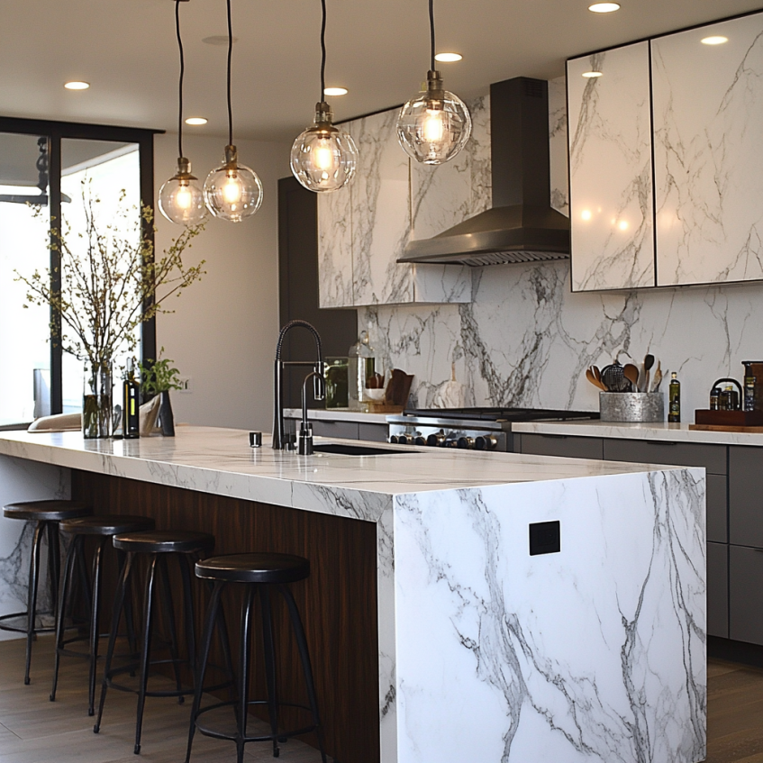 Modern luxury kitchen with a marble island, sleek cabinetry, and pendant lighting.